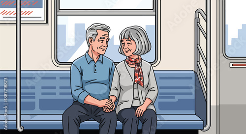 Elderly couple sitting together on a subway, illustrated in modern flat vector style, showing companionship, public transportation comfort, and senior urban living