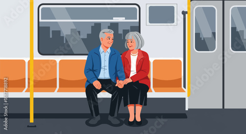Elderly couple sitting together on a subway, illustrated in modern flat vector style, showing companionship, public transportation comfort, and senior urban living