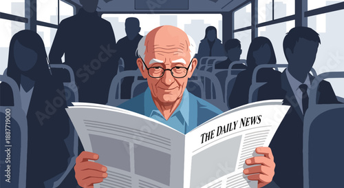 Elderly man reading a newspaper on a city bus, flat vector style, representing peaceful senior commuting, public transportation comfort, and daily routine