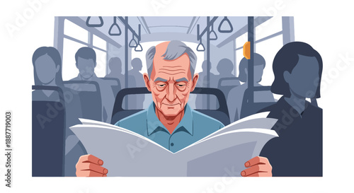 Elderly man reading a newspaper on a city bus, flat vector style, representing peaceful senior commuting, public transportation comfort, and daily routine