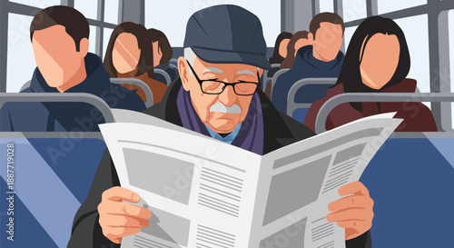 Elderly man reading a newspaper on a city bus, flat vector style, representing peaceful senior commuting, public transportation comfort, and daily routine