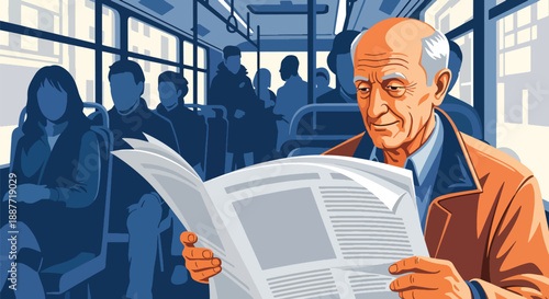 Elderly man reading a newspaper on a city bus, flat vector style, representing peaceful senior commuting, public transportation comfort, and daily routine