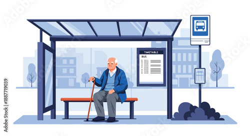Elderly man with a cane waiting at a bus stop bench, flat vector illustration showing accessible urban mobility and independent senior lifestyle