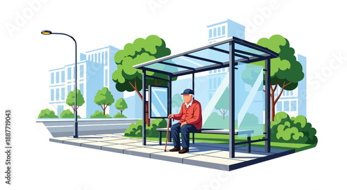 Elderly man with a cane waiting at a bus stop bench, flat vector illustration showing accessible urban mobility and independent senior lifestyle