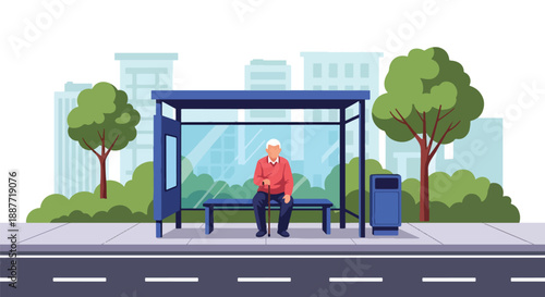Elderly man with a cane waiting at a bus stop bench, flat vector illustration showing accessible urban mobility and independent senior lifestyle