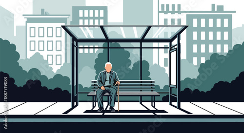 Elderly man with a cane waiting at a bus stop bench, flat vector illustration showing accessible urban mobility and independent senior lifestyle