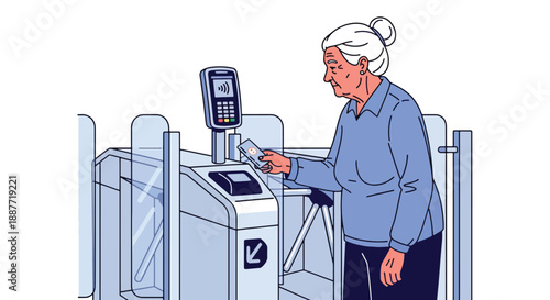 Senior woman using a contactless card at metro gates, illustrated in modern flat vector style, showing technology adoption in public transportation for elderly