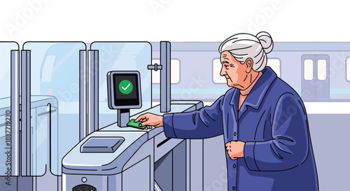 Senior woman using a contactless card at metro gates, illustrated in modern flat vector style, showing technology adoption in public transportation for elderly