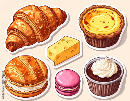 Assorted pastries including croissants, sandwiches, and desserts arranged on a flat surface from a top-down viewpoint