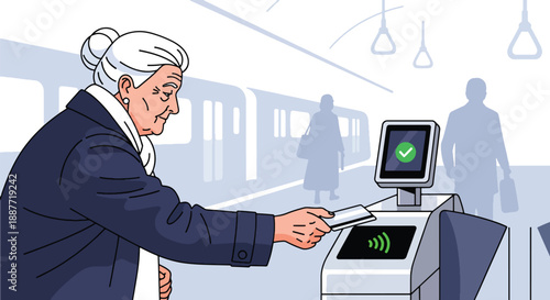 Senior woman using a contactless card at metro gates, illustrated in modern flat vector style, showing technology adoption in public transportation for elderly