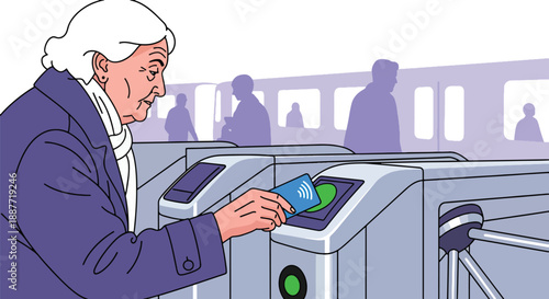 Senior woman using a contactless card at metro gates, illustrated in modern flat vector style, showing technology adoption in public transportation for elderly