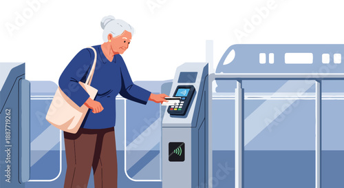 Senior woman using a contactless card at metro gates, illustrated in modern flat vector style, showing technology adoption in public transportation for elderly