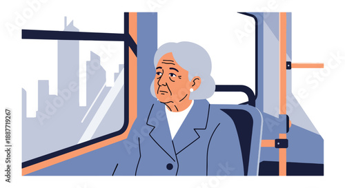 Senior woman gazing out a bus window at the city, flat vector illustration capturing reflective urban travel and peaceful public transportation moments