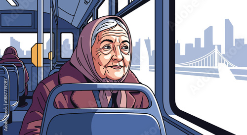Senior woman gazing out a bus window at the city, flat vector illustration capturing reflective urban travel and peaceful public transportation moments