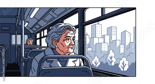 Senior woman gazing out a bus window at the city, flat vector illustration capturing reflective urban travel and peaceful public transportation moments