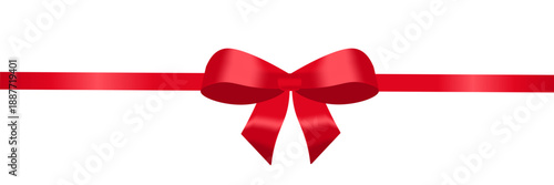 Realistic red Christmas bow with satin ribbon, isolated on white background, vector illustration of festive decoration, gift decoration, party decoration illustration