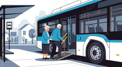 Elderly couple entering a low-floor bus with ramp access, illustrated in flat vector style, highlighting inclusive and accessible public transportation