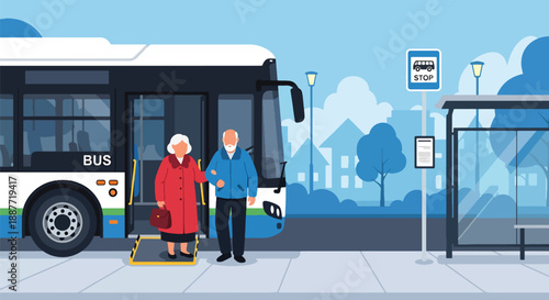 Elderly couple entering a low-floor bus with ramp access, illustrated in flat vector style, highlighting inclusive and accessible public transportation