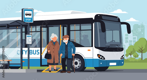 Elderly couple entering a low-floor bus with ramp access, illustrated in flat vector style, highlighting inclusive and accessible public transportation