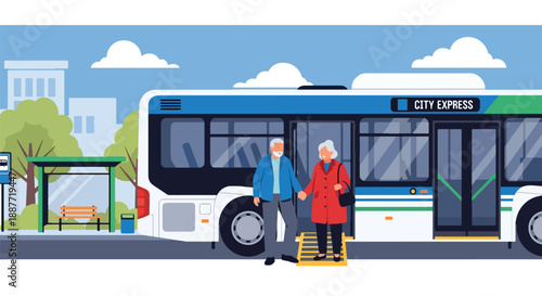 Elderly couple entering a low-floor bus with ramp access, illustrated in flat vector style, highlighting inclusive and accessible public transportation