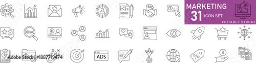 Marketing line icon set featuring digital, social-media, strategy, advertising, promotion, target, business, campaign, growth, communication editable vector set.