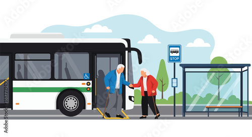 Elderly couple entering a low-floor bus with ramp access, illustrated in flat vector style, highlighting inclusive and accessible public transportation