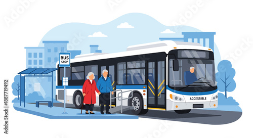 Elderly couple entering a low-floor bus with ramp access, illustrated in flat vector style, highlighting inclusive and accessible public transportation