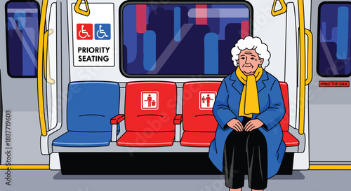 Elderly woman sitting in priority seating on a train, modern flat vector style emphasizing respectful and inclusive public transportation design