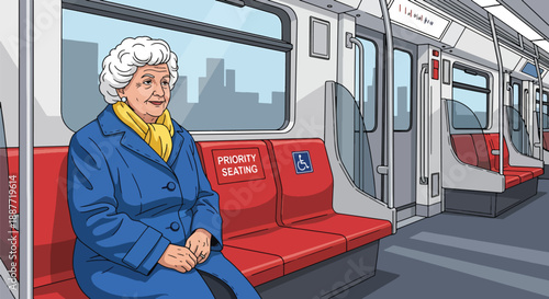 Elderly woman sitting in priority seating on a train, modern flat vector style emphasizing respectful and inclusive public transportation design