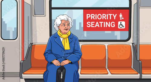 Elderly woman sitting in priority seating on a train, modern flat vector style emphasizing respectful and inclusive public transportation design