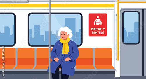 Elderly woman sitting in priority seating on a train, modern flat vector style emphasizing respectful and inclusive public transportation design