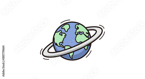 Cartoon Planet Earth with Rings Outer Space Isolated White Background