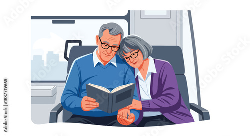 Elderly couple reading together while riding a train, flat vector style highlighting companionship and relaxed senior commuting lifestyle