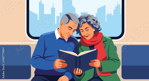Elderly couple reading together while riding a train, flat vector style highlighting companionship and relaxed senior commuting lifestyle
