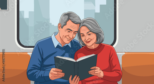 Elderly couple reading together while riding a train, flat vector style highlighting companionship and relaxed senior commuting lifestyle