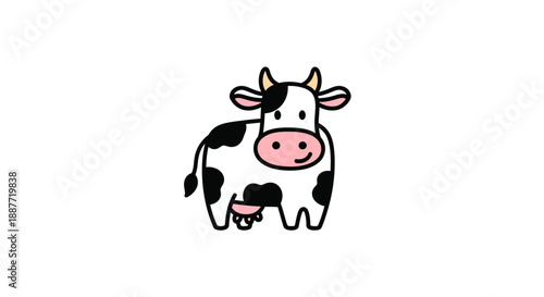 Adorable Black and White Cartoon Cow Standing Isolated White Background Farm Animal