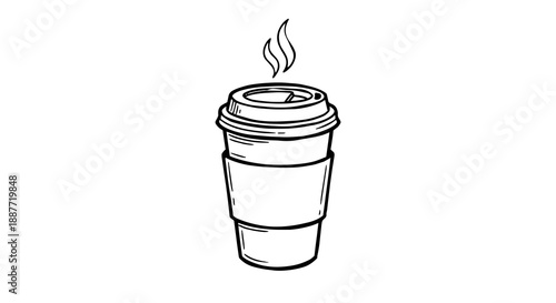 Hand drawn coffee to go cup illustration. Black and white line art sketch of a paper cup with sleeve and steam isolated on white background