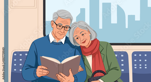 Elderly couple reading together while riding a train, flat vector style highlighting companionship and relaxed senior commuting lifestyle