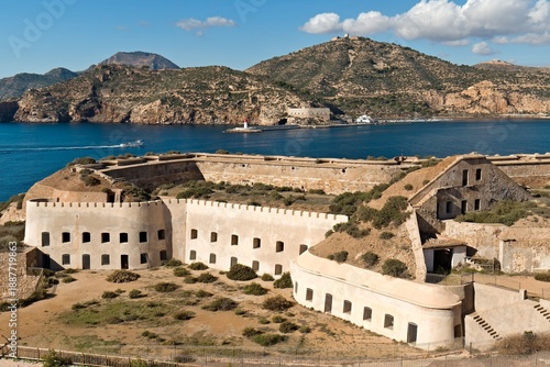 View of the historical monument of the fortress Bateria de San Isidoro y Santa Florentina. It guarded the port of Cartagena. Spain. Europe.