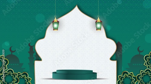 4K Ramadan Kareem Animation Green color and gold lines. Elegant mosque dome with Podium display for Ramadan, Eid al-Fitr and Eid al-Adha celebrations.