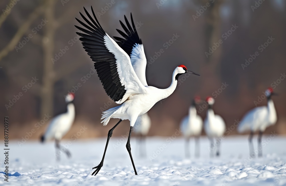 Naklejka premium Red crowned cranes in Japanese winter landscape. Elegant birds with white plumage black wings move across snowy ground. Group gathers on frozen plain with bare trees distant.