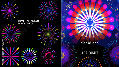 Vibrant fireworks display patterns and art poster for celebrations and gift giving