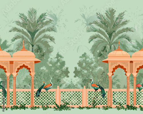 Elegant indian palace with peacocks amidst lush palm trees and a serene garden