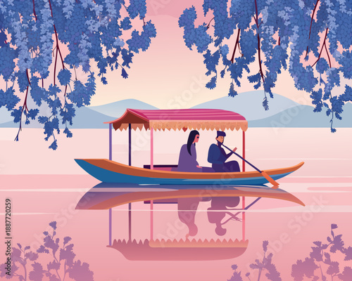 A serene houseboat journey on calm waters under blossoming jacaranda trees