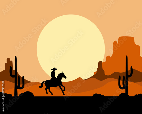 Silhouette of a cowboy riding a horse against a desert sunset backdrop