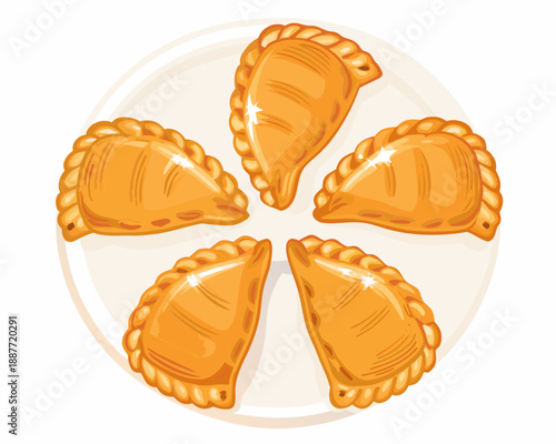 Golden empanadas arranged on a white plate showcasing delicious savory pastries