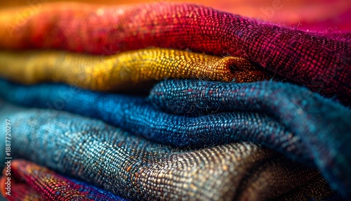 A detailed close-up of a vibrant stack of multi-colored, textured woven fabrics showcasing rich hues and soft, inviting layers, ideal for textile, craft, and background themes