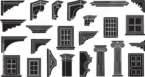Architectural elements and details in black and white illustration