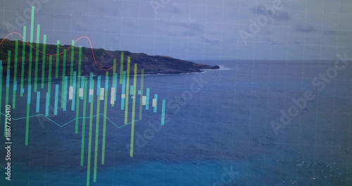 Translucent financial chart floating over rocky seascape showing colored bars and candlesticks