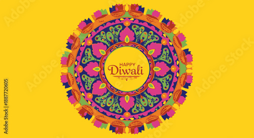 Vibrant Happy Diwali Vector Illustration Featuring a Traditional Indian Mandala Design with Colorful Patterns and Oil Lamps